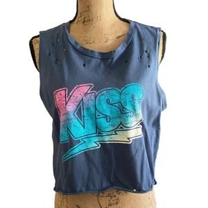 KISS Graphic Crop Tee Distressed Band Shirt Neon USA L